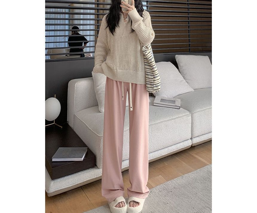 Heart Logo High Rise Drawstring Plain Wide Leg Sweatpants