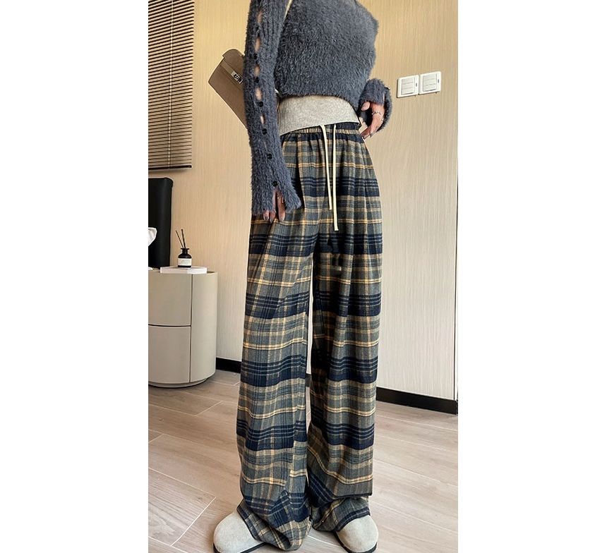 Plaid High Rise Wide Leg Drawstring Sweatpants