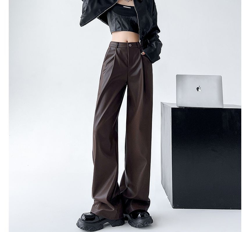 Mid Waist Faux Leather Wide Leg Plain Suit Pants