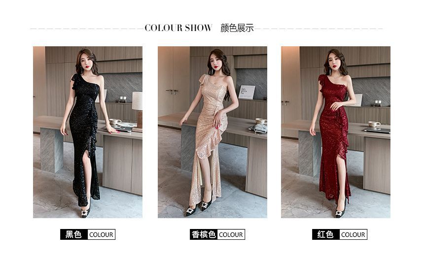 Short-Sleeve One Shoulder Plain Sequin Ruffle Slit Trumpet Evening Dress