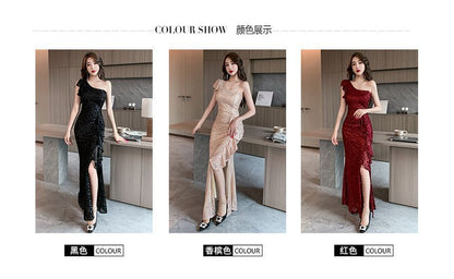 Short-Sleeve One Shoulder Plain Sequin Ruffle Slit Trumpet Evening Dress