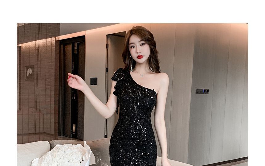 Short-Sleeve One Shoulder Plain Sequin Ruffle Slit Trumpet Evening Dress