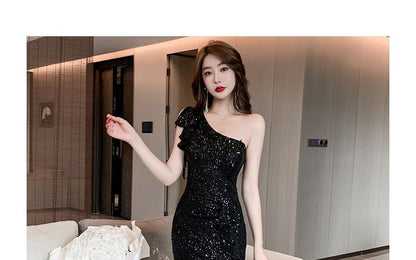 Short-Sleeve One Shoulder Plain Sequin Ruffle Slit Trumpet Evening Dress