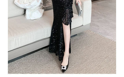 Short-Sleeve One Shoulder Plain Sequin Ruffle Slit Trumpet Evening Dress