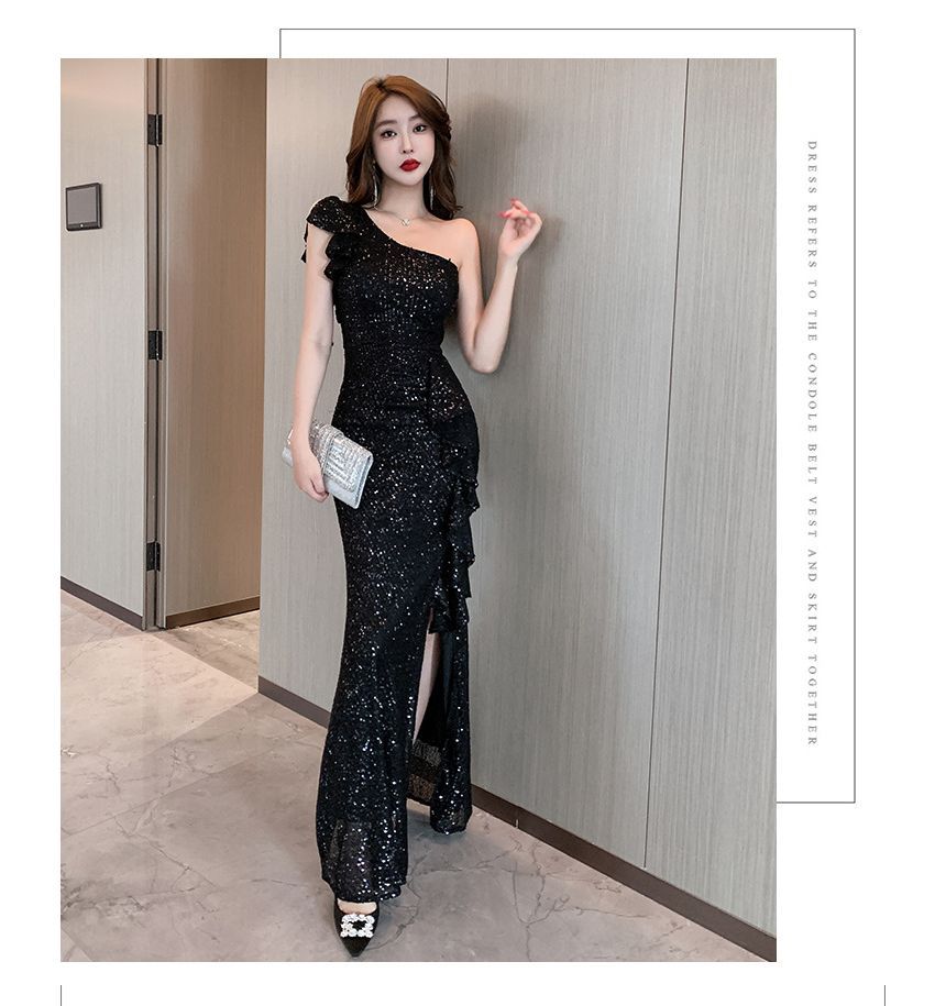 Short-Sleeve One Shoulder Plain Sequin Ruffle Slit Trumpet Evening Dress