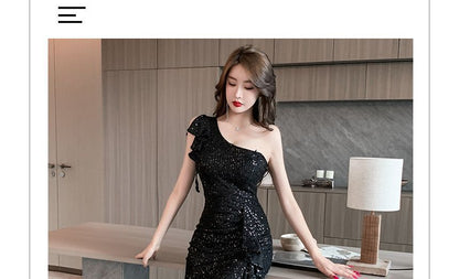Short-Sleeve One Shoulder Plain Sequin Ruffle Slit Trumpet Evening Dress