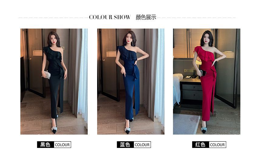 One Shoulder Cap Sleeve Ruffle Slit Sheath Maxi