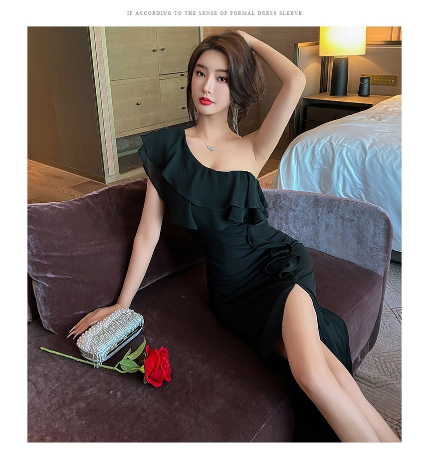 One Shoulder Cap Sleeve Ruffle Slit Sheath Maxi