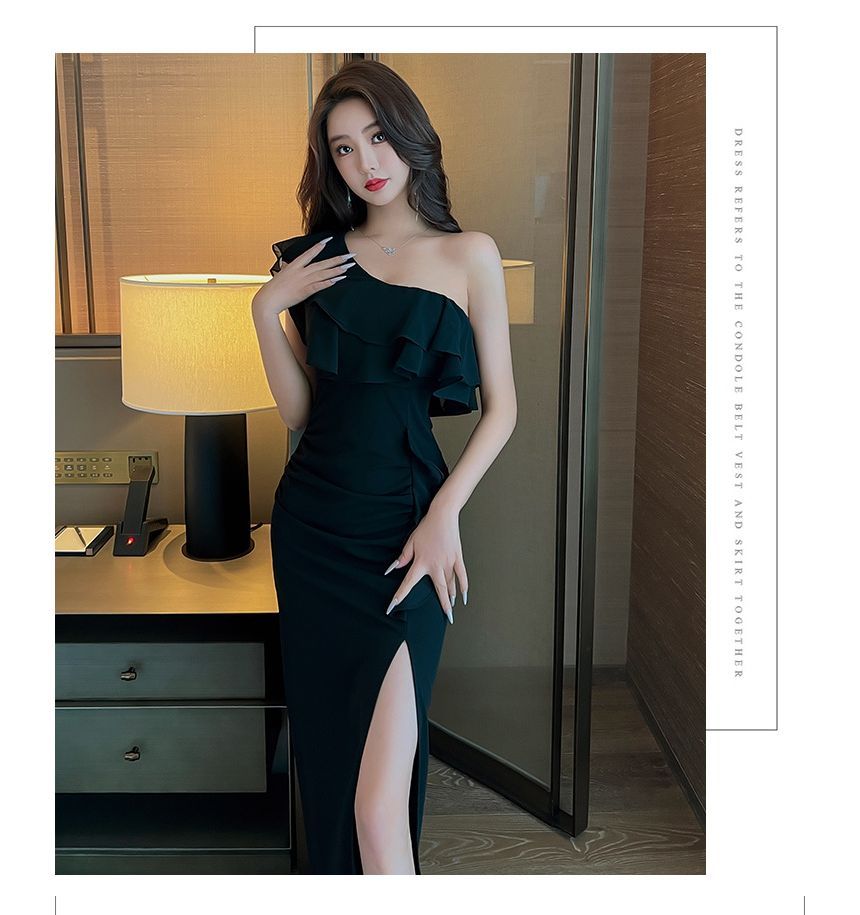 One Shoulder Cap Sleeve Ruffle Slit Sheath Maxi