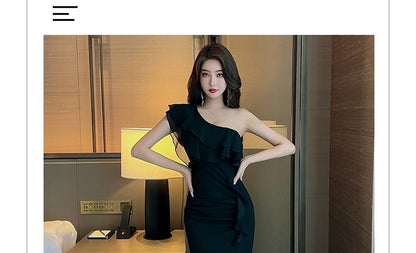 One Shoulder Cap Sleeve Ruffle Slit Sheath Maxi