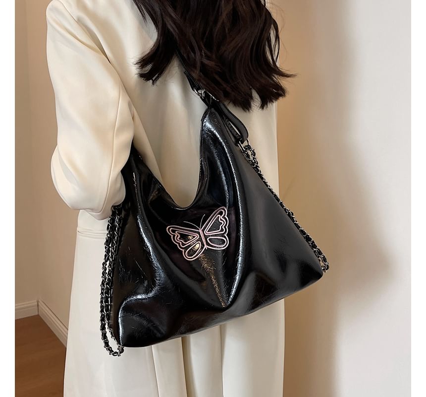 Butterfly Embroidered Faux Leather Crossbody Bag