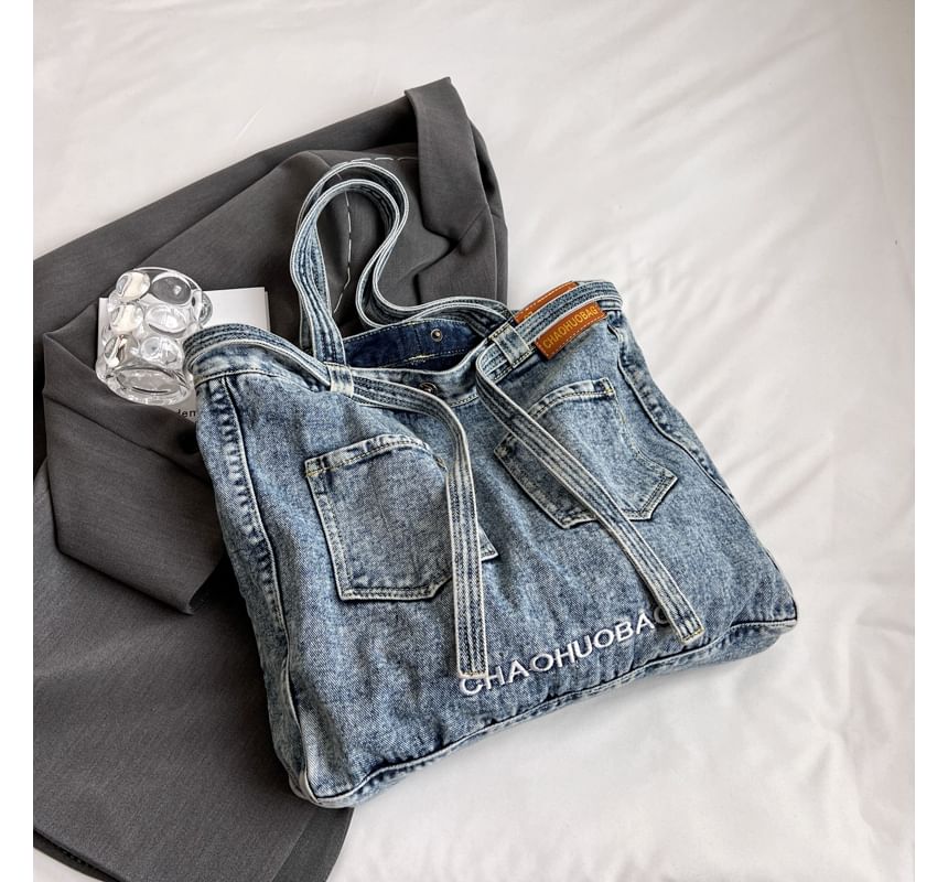 Lettering Washed Denim Tote Bag