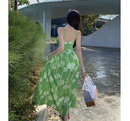 Spaghetti Strap Floral Print Midi Sundress