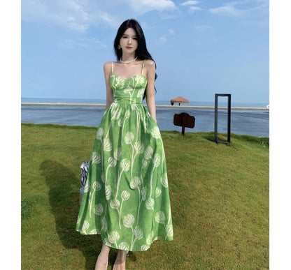 Spaghetti Strap Floral Print Midi Sundress