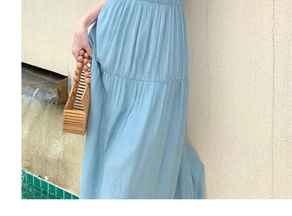 Halter-Neck Chained Plain Shirred Midi A-Line Dress