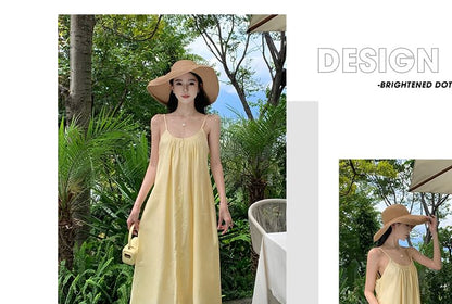 Spaghetti Strap Plain Shirred Midi Sundress