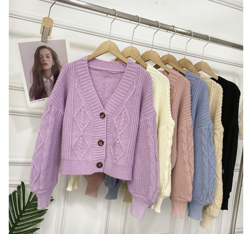 V-Neck Plain Button-Up Cable Knit Cardigan