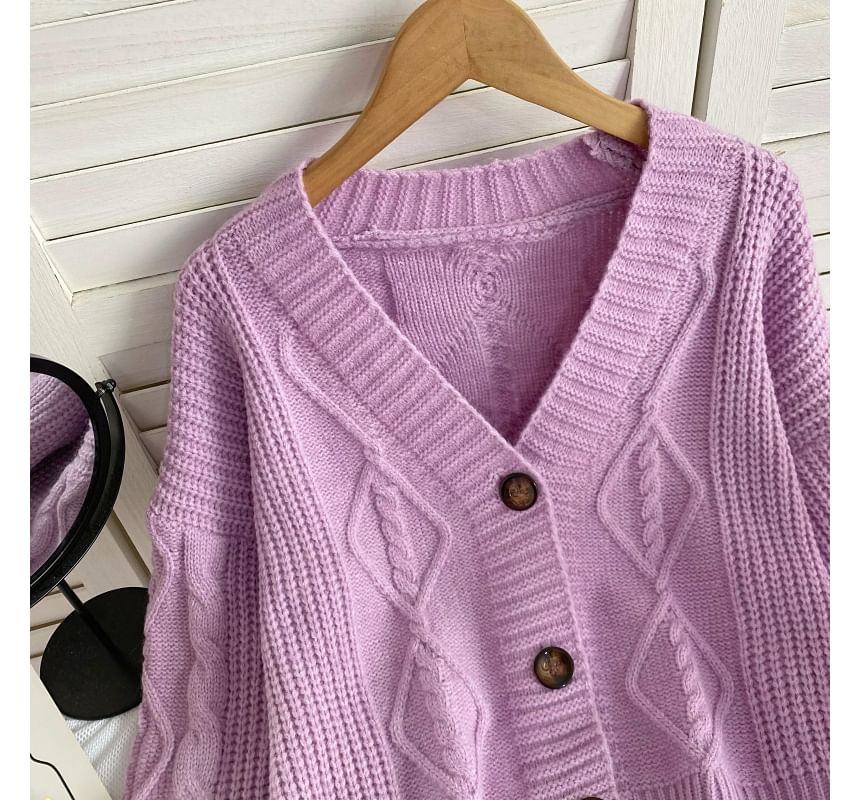 V-Neck Plain Button-Up Cable Knit Cardigan