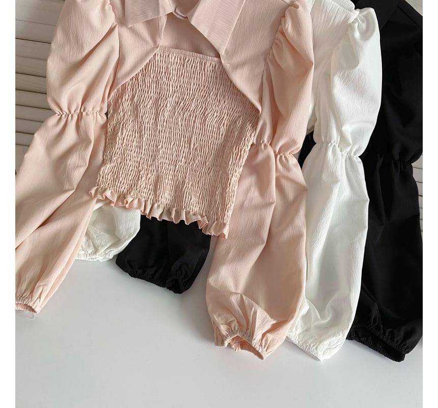 Puff-Sleeve Plain Smocked Shirred Blouse