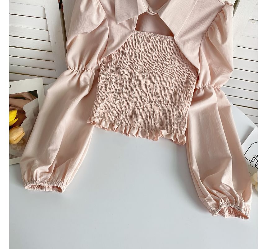 Puff-Sleeve Plain Smocked Shirred Blouse