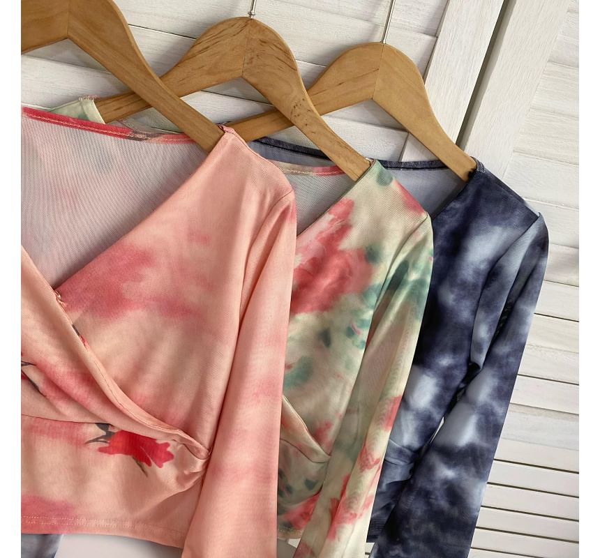 Long-Sleeve V-Neck Floral Print Wrap Mesh Top