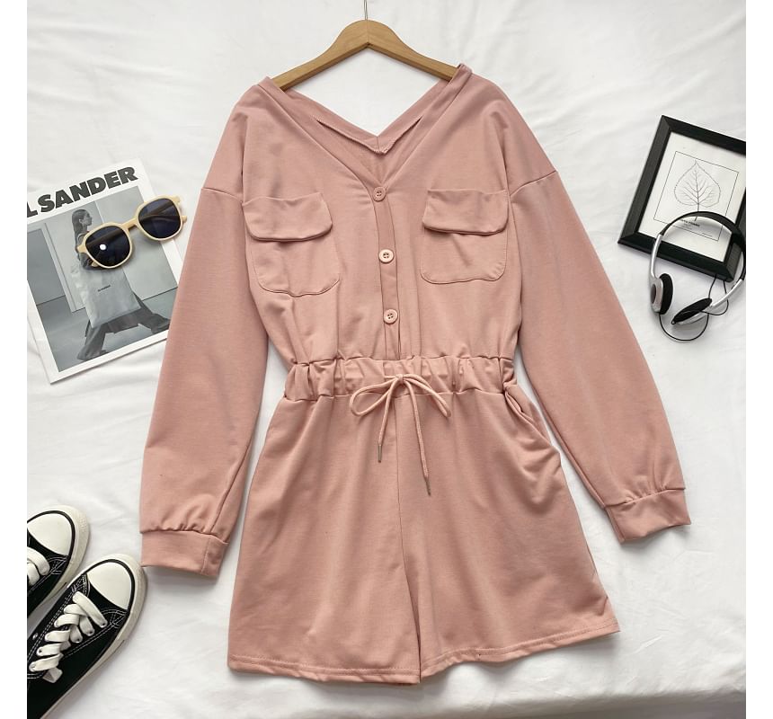 Long-Sleeve V-Neck Plain Button-Up Drawstring Romper