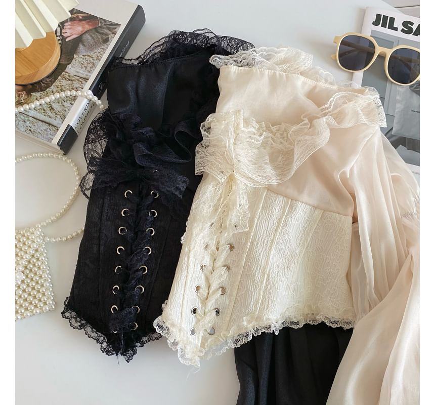 Puff-Sleeve Scoop Neck Lace Ruffle Lace-Up Crop Blouse