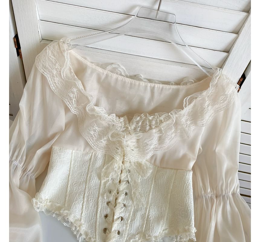 Puff-Sleeve Scoop Neck Lace Ruffle Lace-Up Crop Blouse