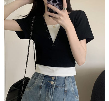 Short-Sleeve Top Halter Mock Two-Piece