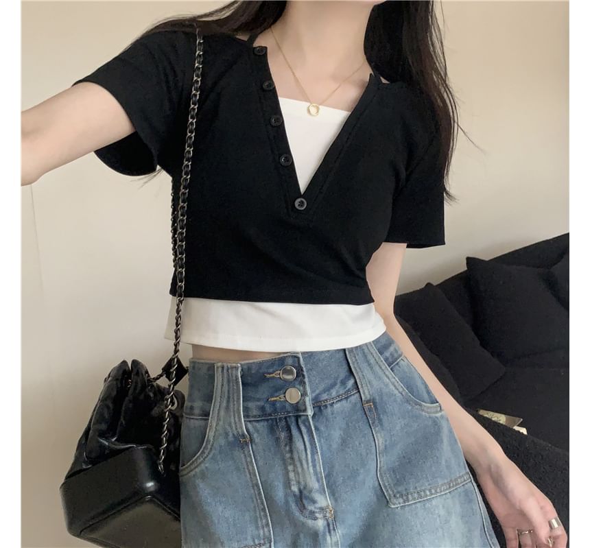 Short-Sleeve Top Halter Mock Two-Piece