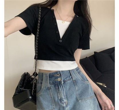 Short-Sleeve Top Halter Mock Two-Piece