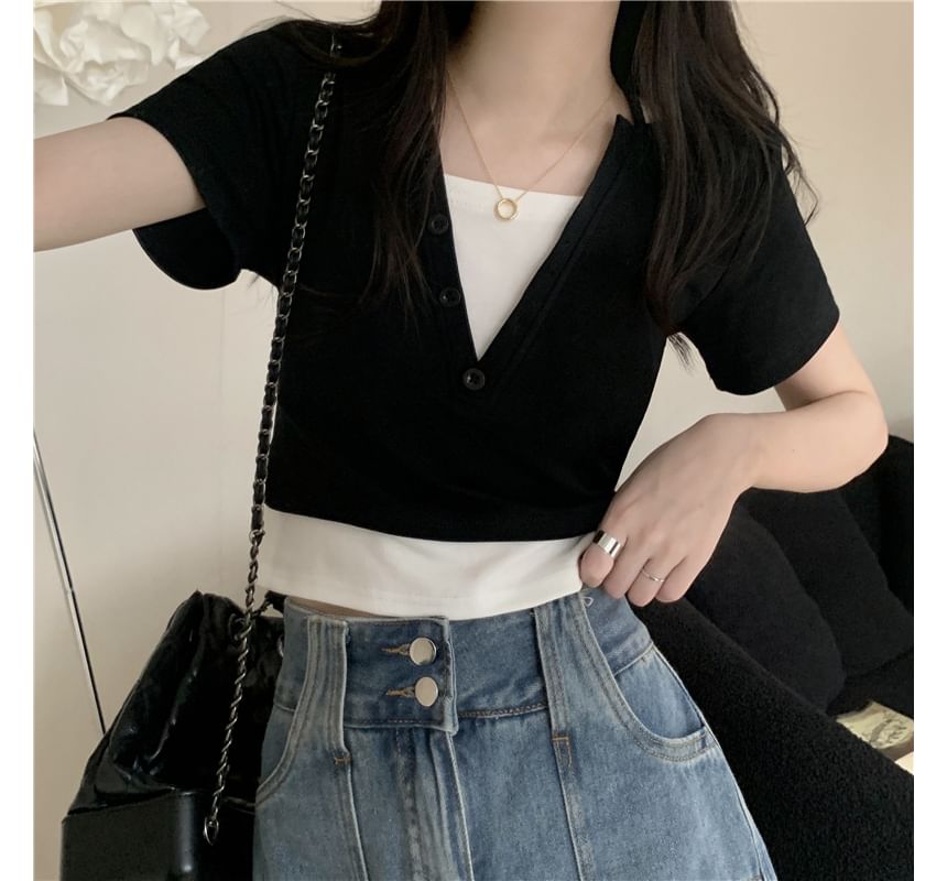 Short-Sleeve Top Halter Mock Two-Piece