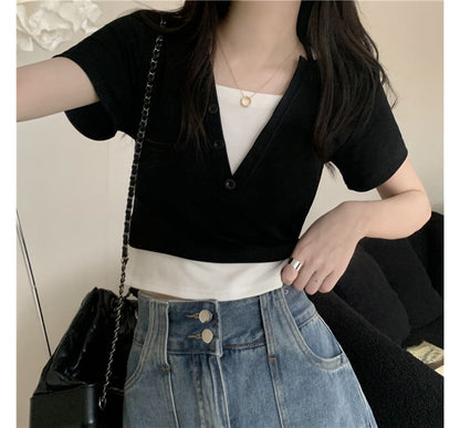 Short-Sleeve Top Halter Mock Two-Piece