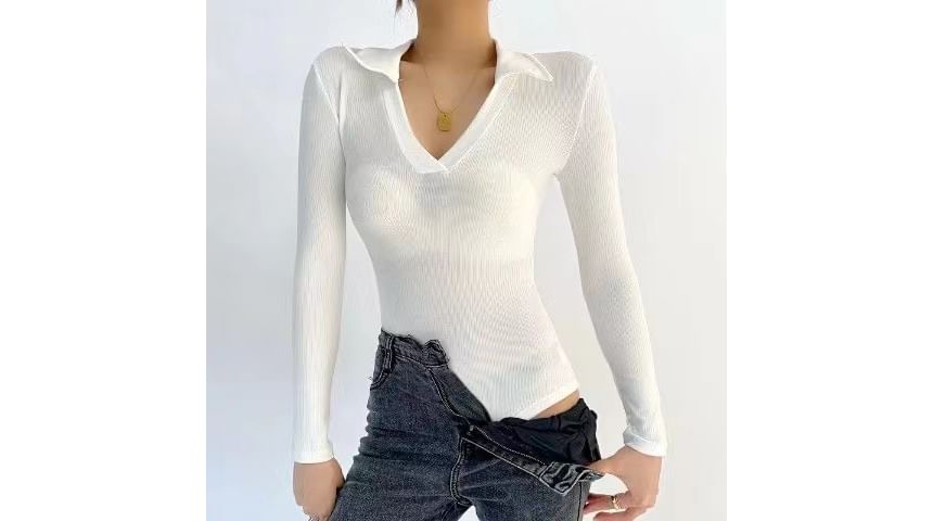 Long-Sleeve Plain Ribbed Polo-Neck Bodysuit Top