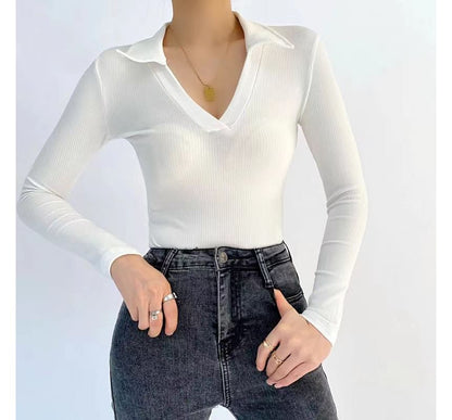 Long-Sleeve Plain Ribbed Polo-Neck Bodysuit Top