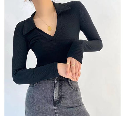 Long-Sleeve Plain Ribbed Polo-Neck Bodysuit Top