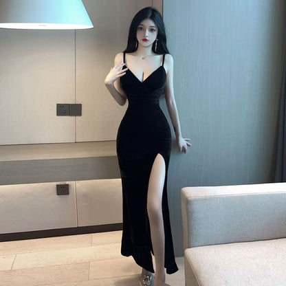 V-Neck Velvet Slit Sheath Maxi with Thin Straps