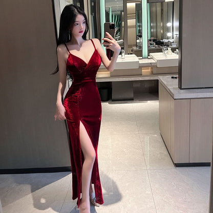 V-Neck Velvet Slit Sheath Maxi with Thin Straps