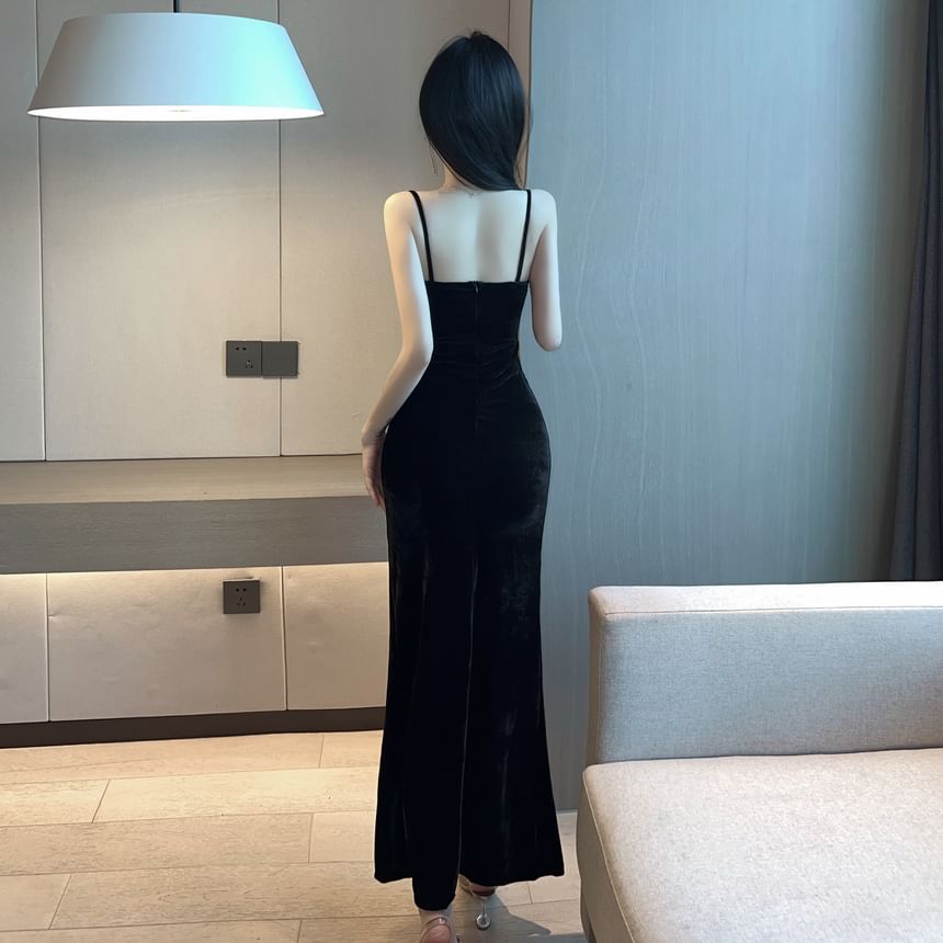 V-Neck Velvet Slit Sheath Maxi with Thin Straps