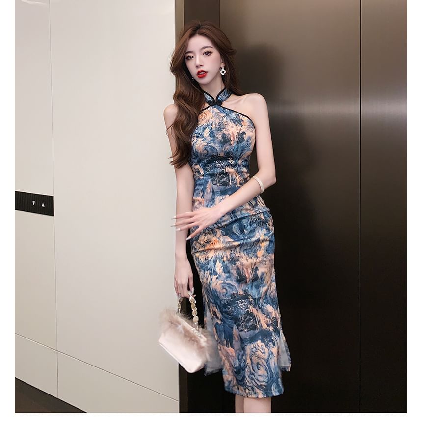Halter Print Slit Midi Qipao