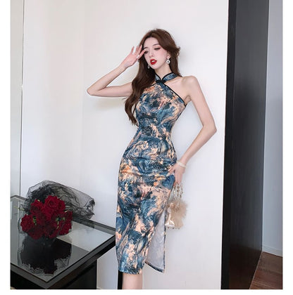 Halter Print Slit Midi Qipao