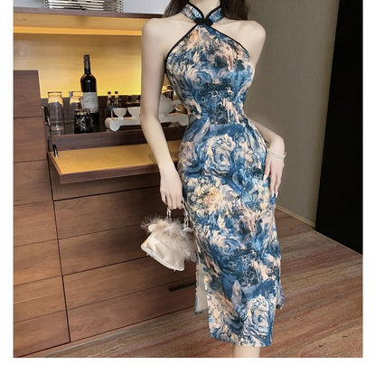 Halter Print Slit Midi Qipao