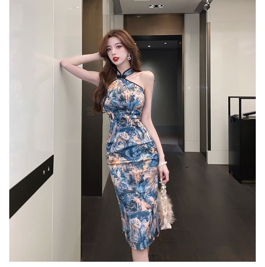 Halter Print Slit Midi Qipao