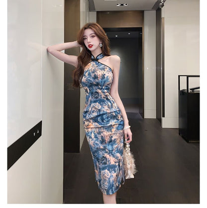 Halter Print Slit Midi Qipao