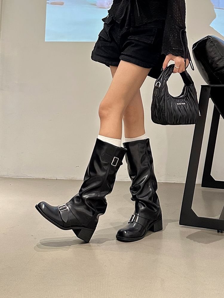 Buckled Chunky Heel Tall Boots