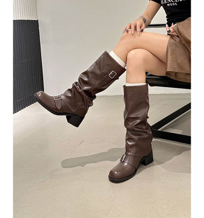 Buckled Chunky Heel Tall Boots