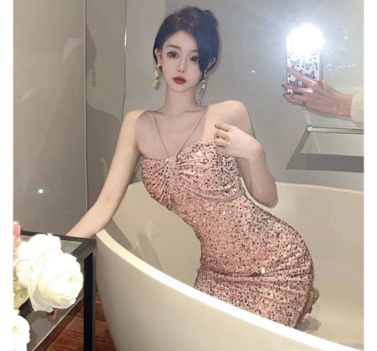 Halter-Neck Shirred Sequined Slit Bodycon Cocktail Dress