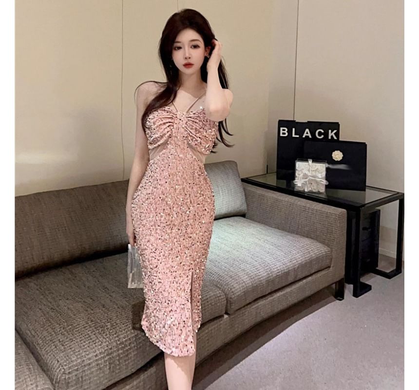 Halter-Neck Shirred Sequined Slit Bodycon Cocktail Dress