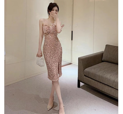 Halter-Neck Shirred Sequined Slit Bodycon Cocktail Dress