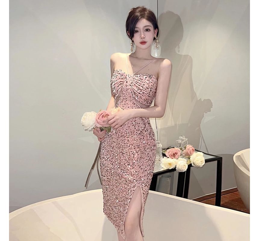 Halter-Neck Shirred Sequined Slit Bodycon Cocktail Dress